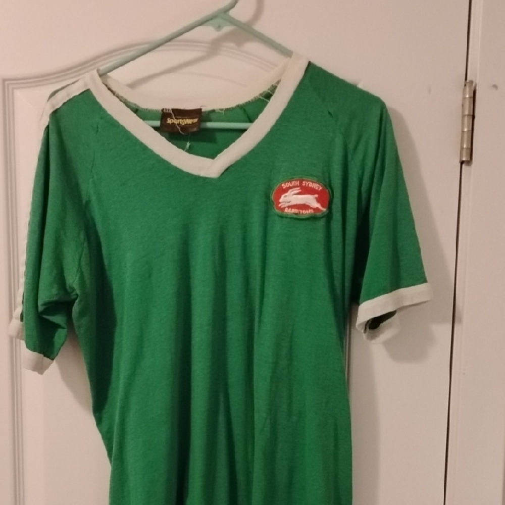 Vintage Green V-Neck T-Shirt with White Trim